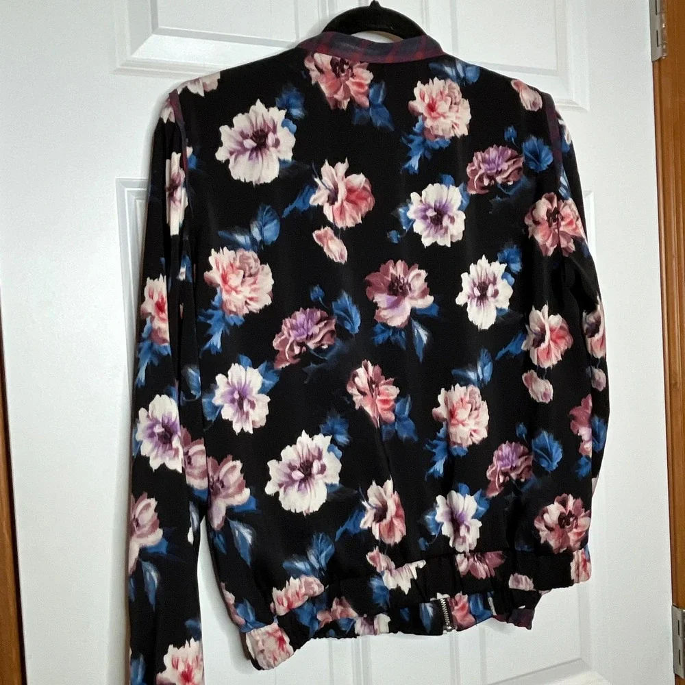 Zara‎ Trafaluc Floral Bomber Jacket Black Pink Blue Plaid Trim Large Women
